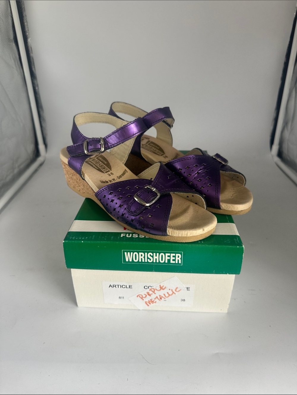 WORISHOFER Metallic Purple Cork Wedge Sandals